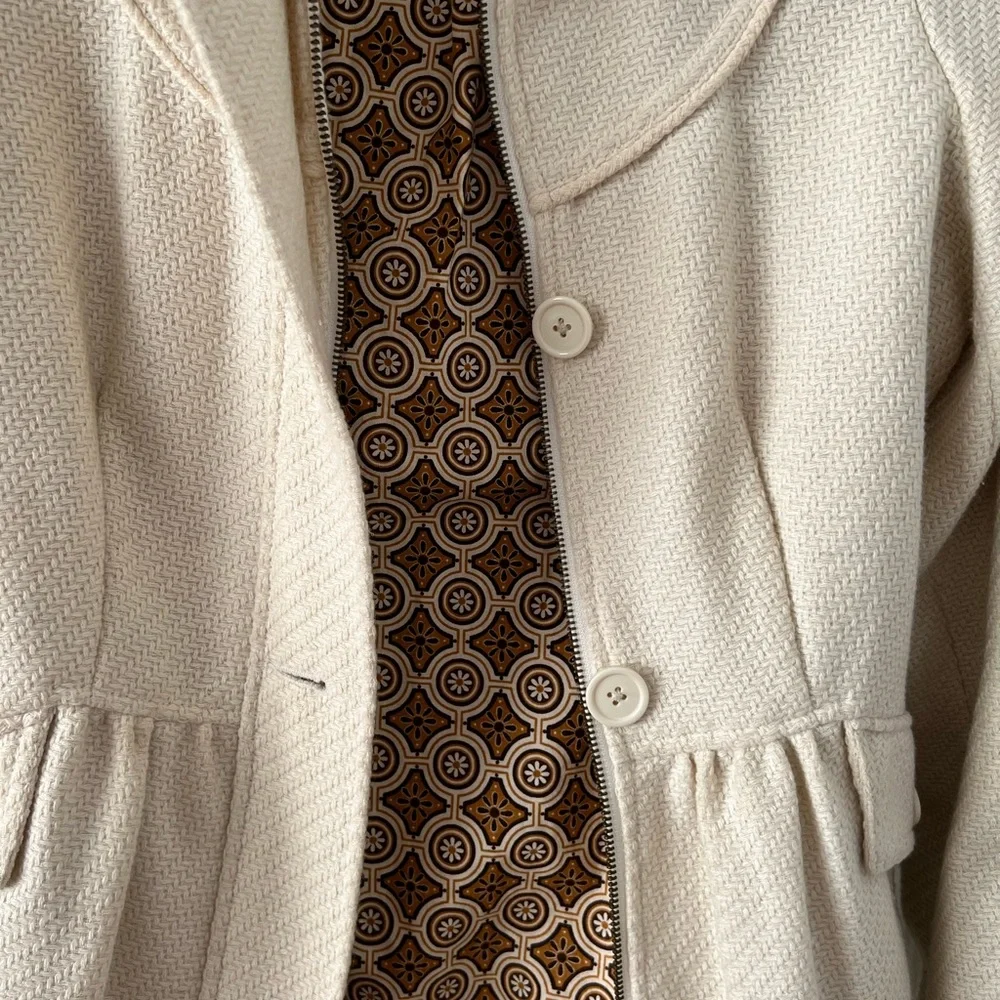 Billabong Women Medium Ivory LS Pea Coat Jacket Wool Blend Lined EmbroideredLogo